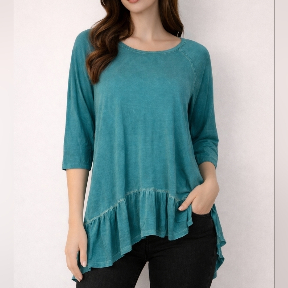 WESTBOUND Teal Three Quarter Sleeve Ruffle Swing Blouse Large